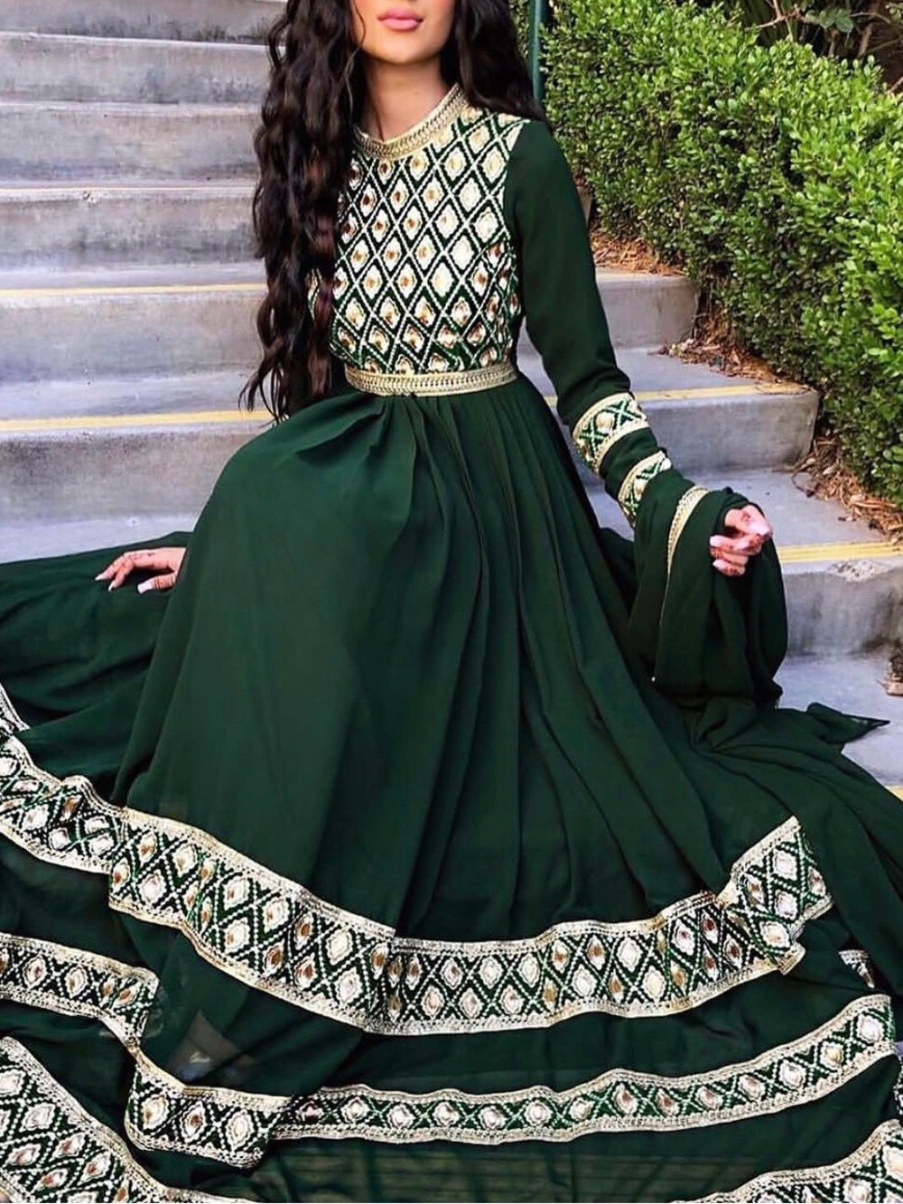 Custom Anarkali Dress - Green and Gold Embellished